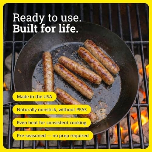 Image of Lodge Seasoned Carbon Steel Skillet - Lightweight High Heat Frying Pan with Long Handle - Quick Temperature Response - Ideal for Searing & Sauteing - 10 Inches