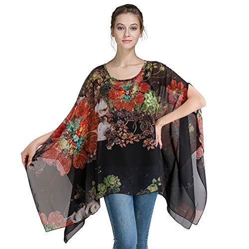 Max Hsuan Women's Loose Solid Sheer Chiffon Caftan Poncho Batwing Tunic Top Blouse Summer Oversized Shirts