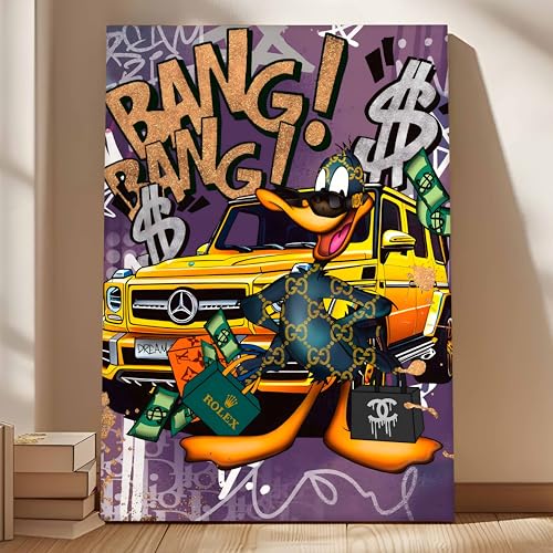 Image of Luxury Street Pop Art Duck Canvas Wall Art Painting For Living Room | Money & Success Graffiti Style Art Painting | Modern Wall Decor for Home & Office, 56x86 cm