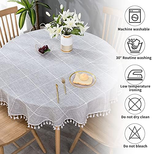 VIVILINEN Round Table Cloth Cotton Linen Wrinkle Free Tablecloths Plaids Tassel Washable Table Cover for Kitchen Home Dinning Grey 140cm Diameter