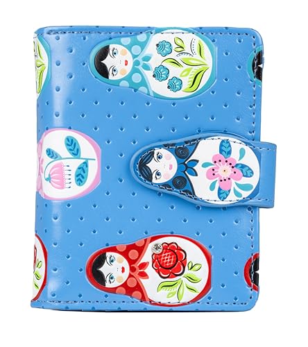 Shag Wear Women's Premium Vegan Clutch Cardholder Wallet Zipper Purse Matryoshka, Blue