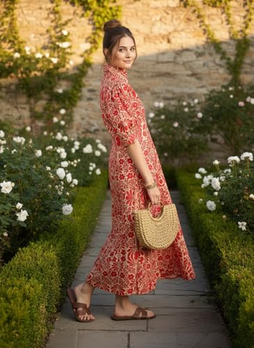 Image of Leriya Fashion Dress for Woman Rayon Printed Maxi Dress | V Neck Half Sleeve Flared Casual & Party Look Long Dress