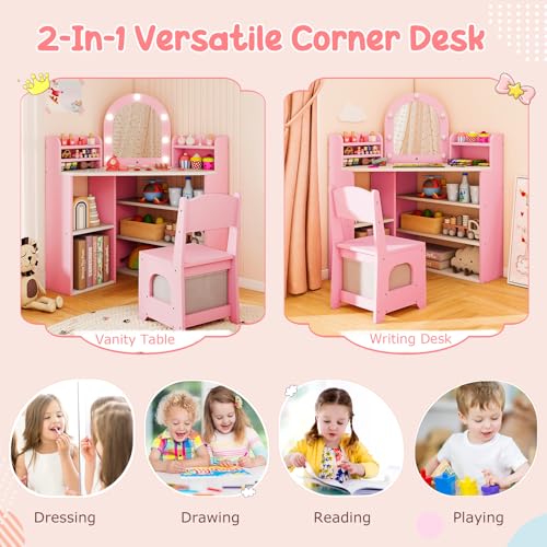 Image of Costzon Kids Vanity with Lights, Corner Vanity Desk with Mirror, Storage Shelves, Wooden Princess Toddler Makeup Dressing Table, Kids Vanity Table and Chair Set for Little Girls (Pink)