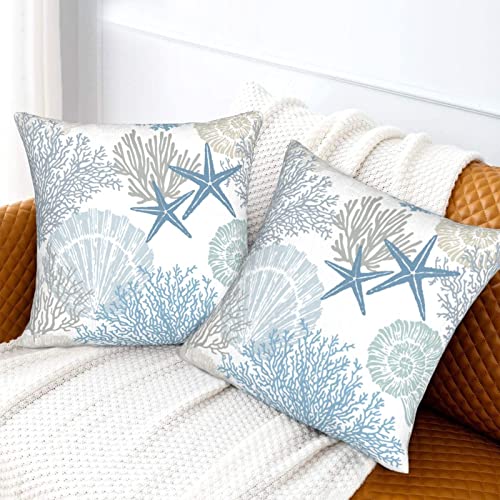 Betginy Coastal Throw Pillow Cover 18X18 Inch Pack Of 2,Summer Ocean Themed Pillow Covers Square Cotton Seashell Starfish Beach Pillow Cases Cushion For Bedroom Home Sofa Decoration #TOP6