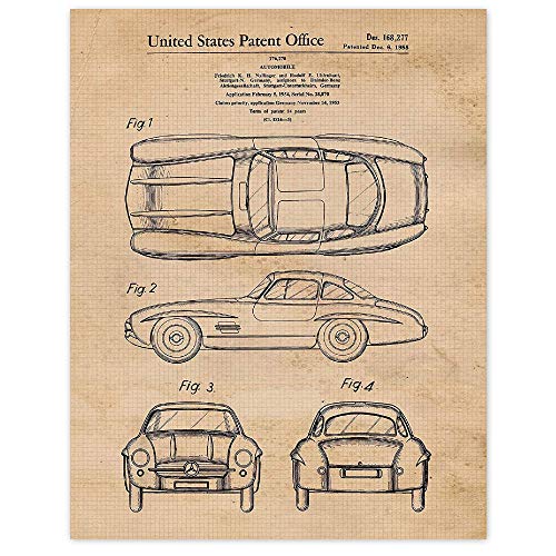 Vintage 300SL Gullwing Patent Prints, 1 (11x14) Unframed Photo, Wall Decor Gift for Home Mercedes Benz Work Office Gears Garage Shop School College Student Teacher Coach F1 Team Car Racing Champion