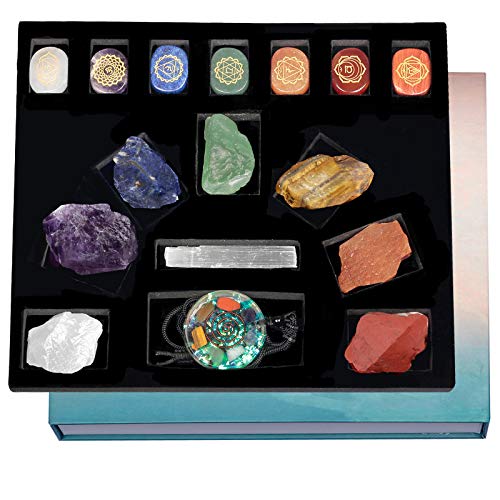 mookaitedecor Chakra Starter Kit, 7 Raw Chakra Stones, Polished Engraved Stones, Selenite Crystal Wand, Orgone Pendant Necklace, Crystal Healing Set for Reiki Balancing Meditation