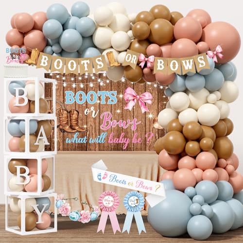 Boots or Bows Gender Reveal Decorations 206pcs Boy or Girl What Will Baby Be Gender Reveal Party SuppliesWestern Themed Cowboy or Cowgirl He or She Baby Shower Decoration