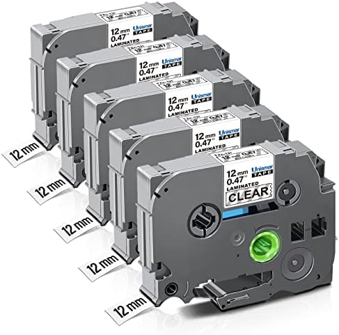 Unismar 1/2'' Black on Clear TZe Label Tape Compatible for Brother TZe-131 TZe131 TZ 12mm 0.47 Laminated Tape Clear for Ptouch PTD220 PTD200 PTD210 PTD400AD PTH100 Label Maker, 1/2'' x 26.2', 5-Pack