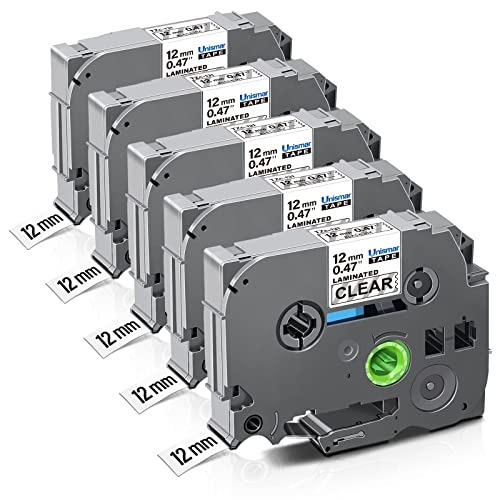 Unismar 1/2'' Black On Clear Tze Label Tape Compatible For Brother Tze-131 Tze131 Tz 12Mm 0.47 Laminated Tape Clear For Ptouch Ptd220 Ptd200 Ptd210 Ptd400Ad Pth100 Label Maker, 1/2'' X 26.2', 5-Pack #TOP18