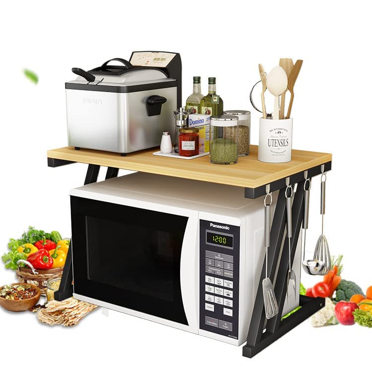 Image of CANCRI 22700 Z Series 2-Layer Microwave Stand | Metal & Wooden Kitchen Platform Rack with Storage Shelf | Oven, Toaster & Appliance Organizer (Black & Brown)