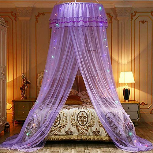 Adoture LED Light Princess Dome Mosquito Net Mesh Bed Canopy Bedroom Decoration Luxury Princess Bed Canopy Mosquito Net for Girls, Teens or Over Baby Crib in Nursery