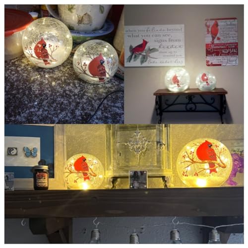 Crackle Glass Cardinal Lamp Battery Operated Globe Lamp for Women Stylish Cardinal Decor Ornaments Red Bird Pattern Stained Glass Mother's Day Gifts 2 Pack (6in & 5 in) (No Timer)