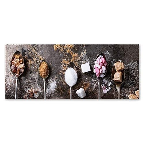 STYLER Küchenbild Zucker 30 x 80 x 0,4 cm I Glasbild mit Zuckerwürfeln I Panorama Wandbild mit weißen Zucker braunem Zucker I Wanddeko Home Kunstdruck I Deko Küche Vintage