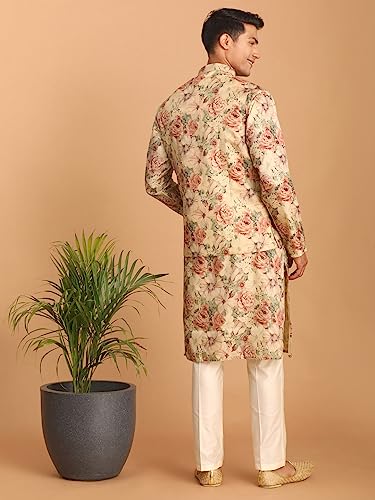 Image of VASTRAMAY Men's Multicolor Base Silk Blend Jacket, Kurta and Pyjama Set || Classic Flower Print Nehru Jacket with Kurta and Pyjama - Perfect for Festive Occasions