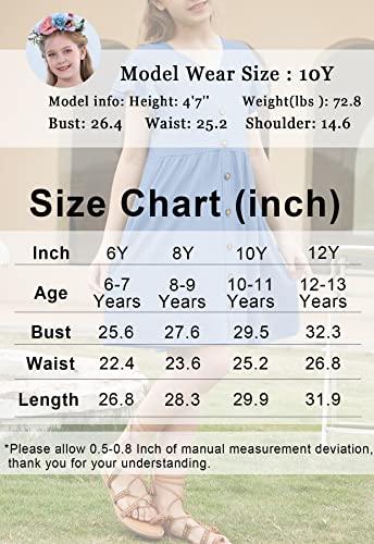 Hosika Girls Short Sleeve Button Down Ruffle Casual A-Line Swing Midi Dress With Pockets For Kids 12-13 Years Light Blue #TOP5