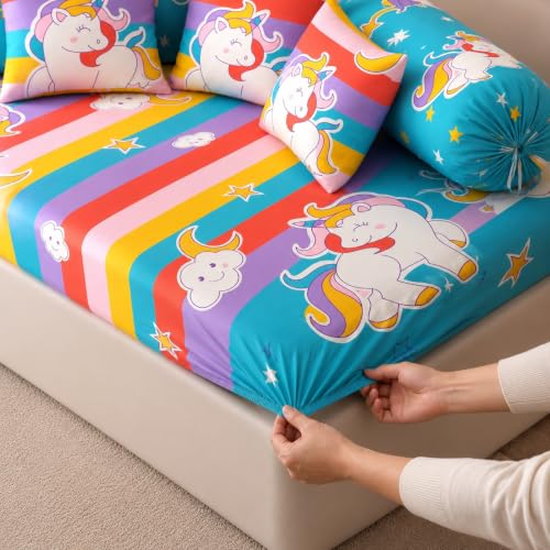 Image of Filymore Multicolor Star Unicorn Kids Fitted Diwan Set 8 Pieces - Microfiber Diwan Bedsheet Set with 5 Cushion Covers & 2 Bolster Covers | Soft Rainbow Unicorn Print Diwan Cover Set for Kids Room