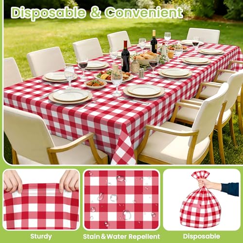 Image of Mulbozy 4 Pcs Red Checkered Tablecloth 54 x108 Inches Rectangle Red Gingham Tablecloth Disposable Plastic Waterproof Table Cover for Outdoor Picnic, Kitchen, Holiday Birthday Party
