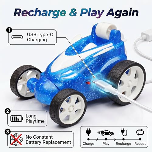 Image of SMART BOY Remote Control Stunt Car with Smoke Mist & Music for Kids Boys & Gils, Glitter Finish RC Car, 360 Rotation Drift, Rechargeable Battery, Anti-Skid Rubber Tires, Indoor Outdoor 379SMBLUE