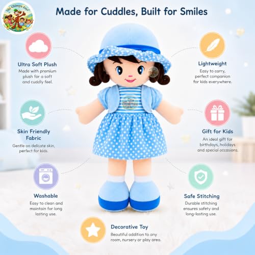 Image of Chi-Chimpu Toyss Soft Curly Doll 30cm (Blue) for Kids | Ultra Soft Plush Stuffed Doll | Cuddly Hugging Toy | Skin-Friendly & Washable | Birthday Gift for Girls & Boys | Cute Sleeping Companion |