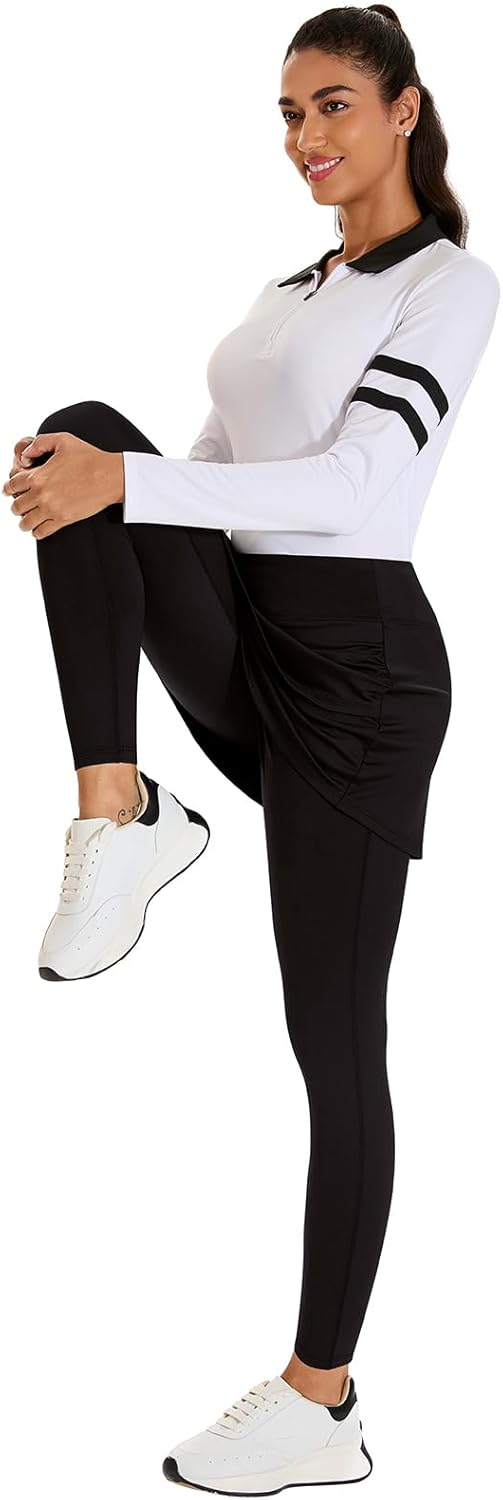 WOWENY Skirted Legging for Women Tulip Hem Ruched with Pockets High Waisted Tennis Golf Skorts Legging with Skirt - Image 4
