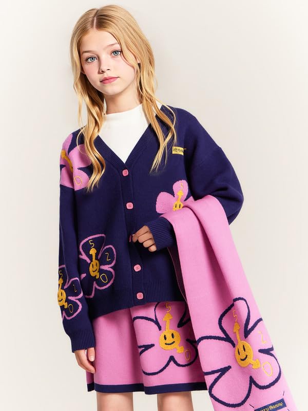 Girls Purple Black Knit Cardigan Long Sleeve with Smiley Flowers & Pink Buttons Sweater for Girls 6-16Y2