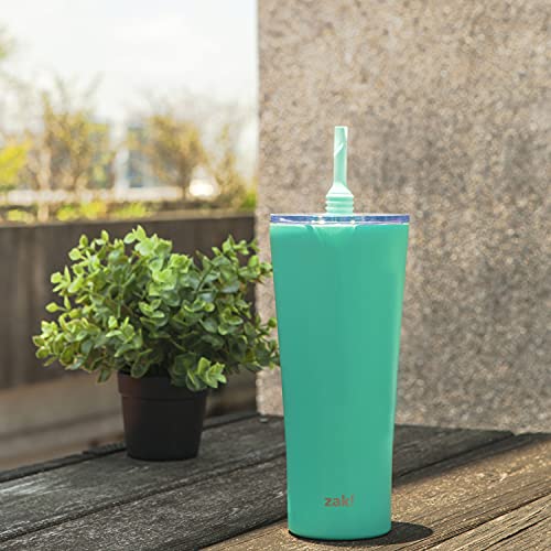Image of Zak Designs Alfalfa Stainless Steel Vacuum Insulated Double Wall Tumbler with Flexible Silicone Straw, Travel Tumbler with Splash Proof Lid Keeps Drinks Cold (18 /8 SS, 30oz, Tropic)