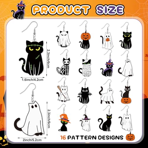 Tondiamo 16 Pairs Halloween Black Cat Earrings Ghost Pumpkin Witch Acrylic Halloween Earring Gothic Spooky Women Jewelry Gift2