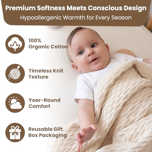 Image of Organic Cotton Baby Blanket 30x40 in, Earth Ivory - GOTS Certified, Soft Knit Swaddle with Gift Box, Breathable Nursery Blanket for Crib & Stroller, Machine Washable