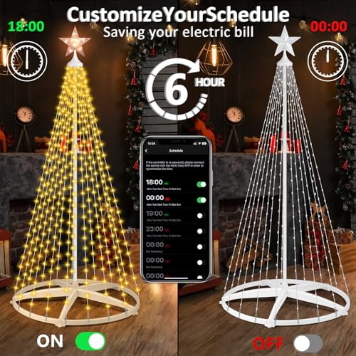 8FT LED Christmas Cone Tree Light, 355LEDs Outdoor Lighted Christmas Tree with Smart APP Control, IP65 RGB Lighted Cone Tree for New Year Decor with IP44 Adapter for Indoor Outside Yard Display
