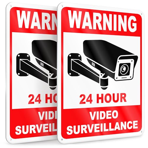 2 PC 24 Hour Video Surveillance Sign, Reflective 7x10 Aluminum Smile You're On Camera Signs Outdoor, Weatherproof Security Camera Warning Signs for Home & Business, UV Protected Rust-Free