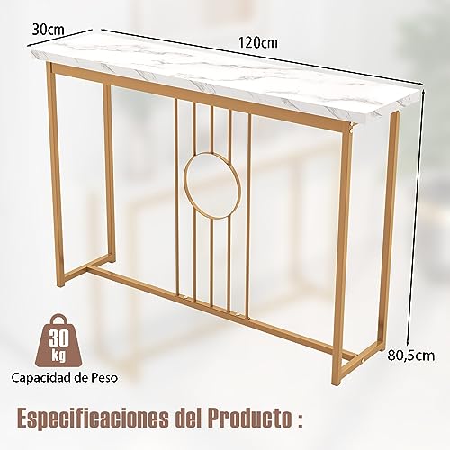COSTWAY Mesa Consola de 120 cm, Mesa de Entrada Moderna con Tablero de Mármol Falso y Estructura de Metal Resistente, Mesa Auxiliar Larga con Marco Dorado y Patas Ajustables, Mesa de Acento Estrecha - imagen 3