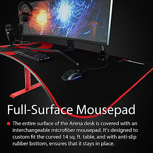 Arozzi Arena Ultrawide Curved Gaming and Office Desk with Full Surface Water Resistant Desk Mat Custom Monitor Mount Cable Management Cut Outs Under The Desk Cable Management Netting - Red - Thumbnail 7