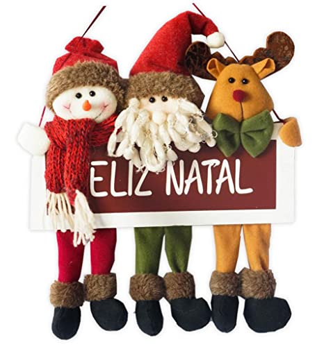 Placa Feliz Natal Madeira Papai Noel, Boneco de Neve e Rena Pelúcia Premium 34cm