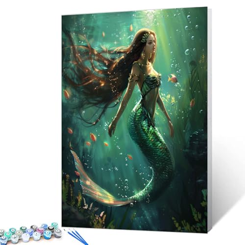 Pintura por números para adultos con lienzo de sirena del mundo submarino y pinturas acrílicas