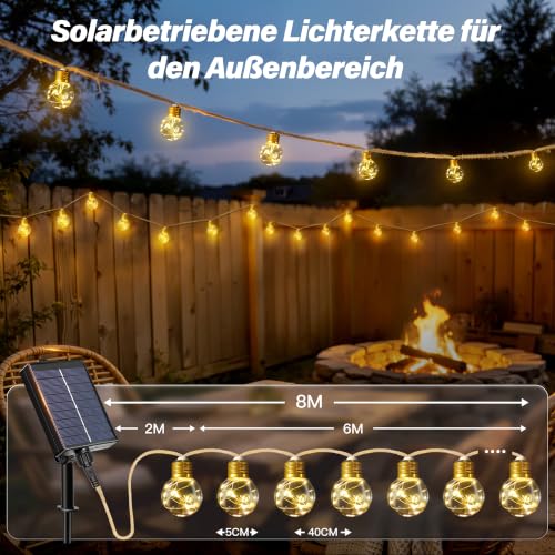 Ollny Solar Lichterkette Aussen, 16 LED Glühbirnen 8M, Lichterkette Außen Solar mit 8 Modi, Timer, Dimmbar & Memory Funktion, Wetterfest für Garten, Balkon Deko, Warmweiß