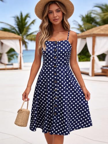 Image of Berydress Women's Casual Beach Summer Dresses 2026 Solid Cotton Flattering A-Line Spaghetti Strap Button Down Midi Sundress