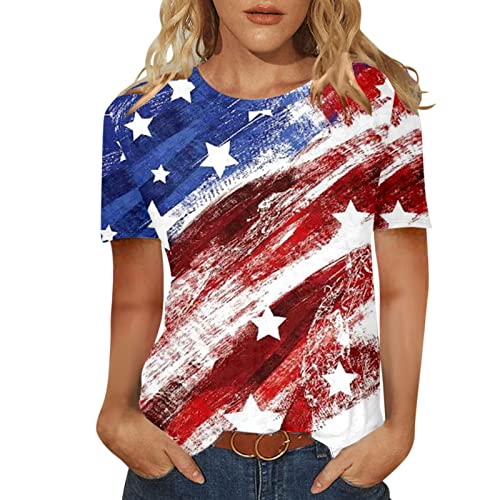 Summer Tops For Women Running Tank Tops Trendy Tops 4Th Of July Tie Dye Shirt 2022 Short Sleeve Independence Day Printed O-Neck T Shirt Tops Blouse Plus Size Made Life Activewear (L, Red) #TOP15
