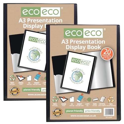 eco-eco A3 Size 50% Recycled 20 Pocket Black Presentation Display Book, Storage Case Portfolio Art Folder with Plastic Sleeves, Pack of 2, eco005x2