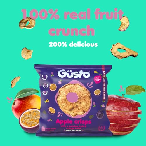 GUSTO SNACKS Knusprige Apfelchips mit Passionsfrucht- und Mangosaft, reich an Ballaststoffen, vegan, glutenfrei und vegetarisch. Gesunde Snackbox, fettarme getrocknete Fruchtchips - 20g (12 Tüten)