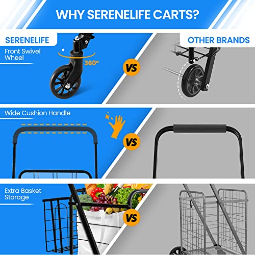Serenelife Folding Grocery Utility Shopping Supermarket Cart With 360 Rolling Swivel Wheels, Double Basket, Large Capacity 110 Lbs, Portable, Collapsible Compact Folding, For Grocery Laundry, Luggage #TOP1