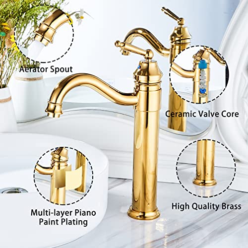 Ggstudy Tall Body Single Handle One Hole Bathroom Vessel Sink Faucets Gold Finish With Pop Up Drian Without Overflow #TOP3