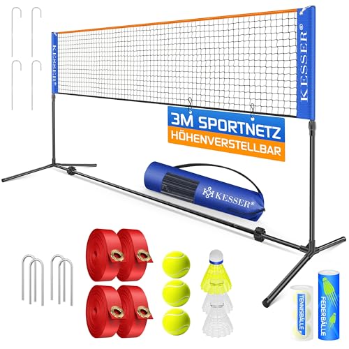 KESSER Badmintonnetz Tennisnetz | Federballnetz 3-Fach-Höhenverstellbar 107/120/155cm stabiles Gestell Set mit Netz 3X Federball & 3X Tennisball Montagezubehör Transporttasche Indoor & Outdoor