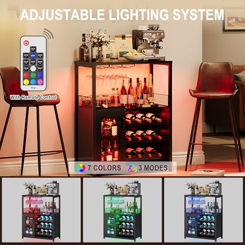 GarveeHome 3-Tier Wine Bar Cabinet with LED Lights & Wine Rack, Liquor Cabinet with Storage, Coffee Bar Cabinet with Glass Holder & Mesh Door, Sideboard Buffet Bar for Living Room, Dining Room, Black