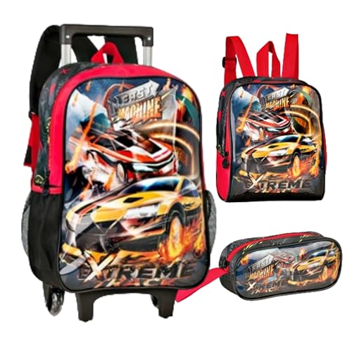 Kit Mochila Carrinho Lancheira e Estojo Fast Machine Clio Style - Kit Escolar Completo, Volta às Aulas.