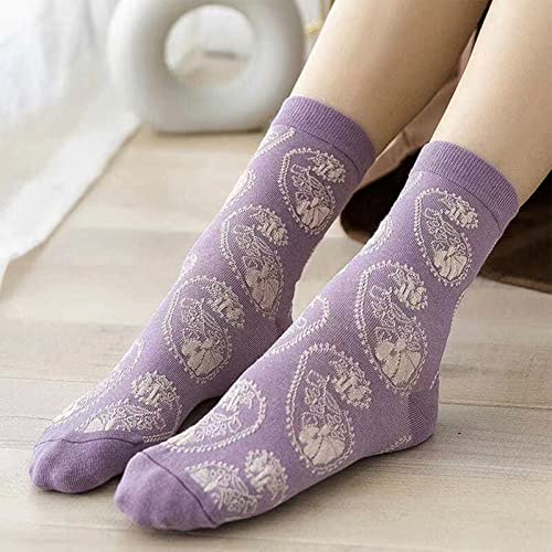 Image of DXYAKY 5 Pairs Womens Floral Cotton Socks Vintage Patterned Crew Socks Novelty Ankle Ruffled Warm Casual Dress Socks