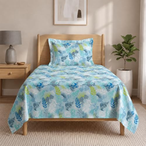 Image of LANE LINEN Symphony | 100% Cotton Sheet Set | Soft & Breathable Fabric | 2 Piece (1 Bedsheet + 1 Pillow Cover) | Single Bed Sheet Set - Pacific Blue Leaf Print
