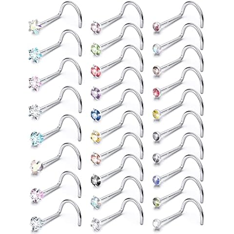 Boernfnso 20G Nose Rings Stud Surgical Steel Nose Piercing Jewelry for Women Men Opal CZ Stars Heart Shape Nose Ring 6.5mm~7mm Bar Length，Top Balls 2mm-4mm 16Pcs Pink Blue Purple White Nose Ring Cover