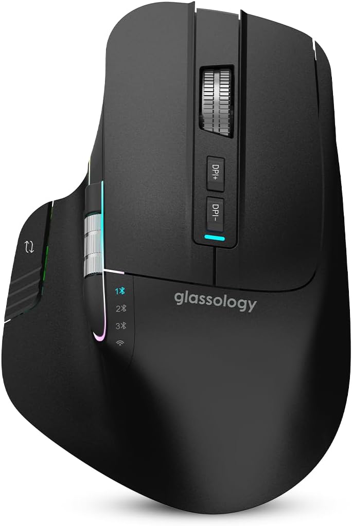 – Glassology ErgoFlow Pro Horizontal Ergonomic Wireless Mouse with 3-in-1 Connectivity, Dual Scroll, Black