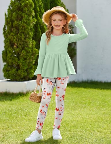 Arshiner Girls 2 Piece Clothing Set Floral Ruffle Hem Bell Sleeve Top and Leggings Fall Winter Outfits for 2-10 Years3