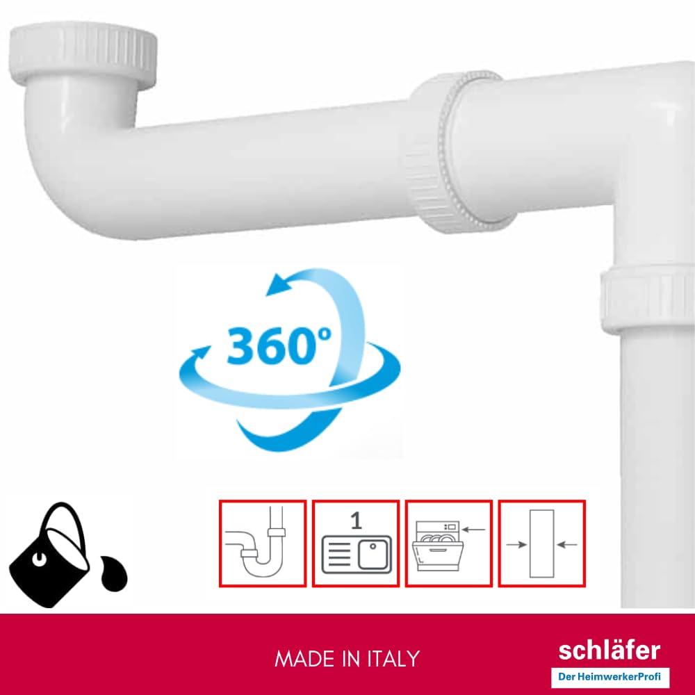 Schläfer 4395025 | Siphon universel 1"1/2 pour éviers – sortie diam 40 mm, set siphon en S en plastique, échappement évier autonettoyant économe en place pour évier simple avec fixation lave-vaisselle